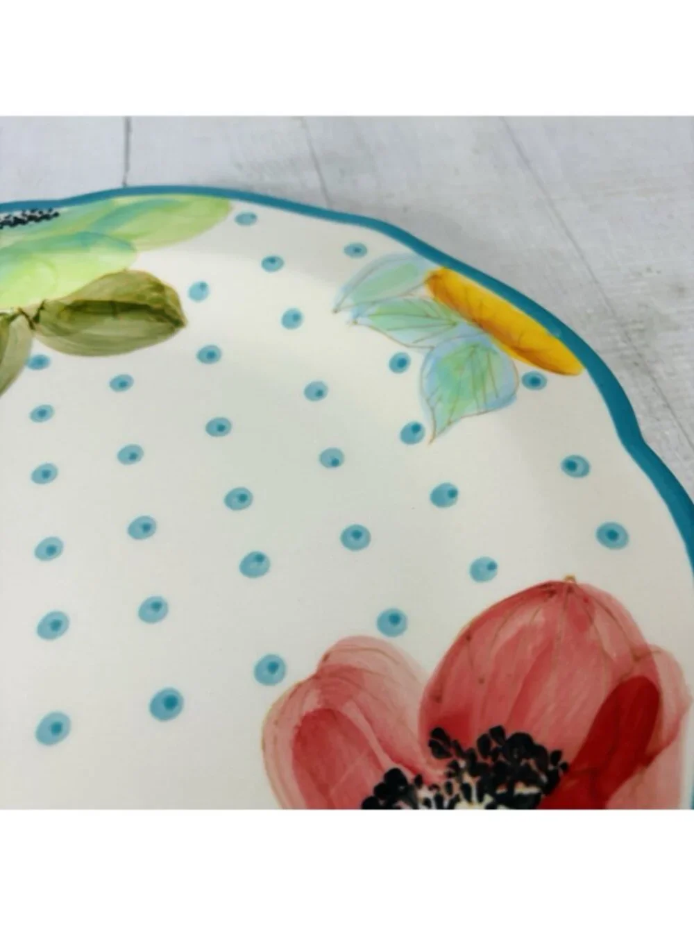 The Pioneer Woman VINTAGE BLOOM Scallop Floral  Teal Trim Stoneware Dinner Set 3